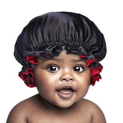 Abbildung von SENGTERM Kinder Satin Schlafmütze Baby Doppelschichten Verstellbare Motorhaube seiden Nachtmütze Elastisches Band bonnet Night Cap für Haare Haarpflege (Kinder, kids black red)