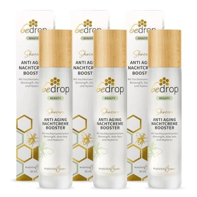 Abbildung von bedrop Anti Aging Nachtcreme BOOSTER regenerierende Nachtpflege mit Bienengift, Aloe Vera, Hyaluron, Jojobaöl, Vitamin C und Arginin zur Faltenminderung 50ml (3x Sparset)