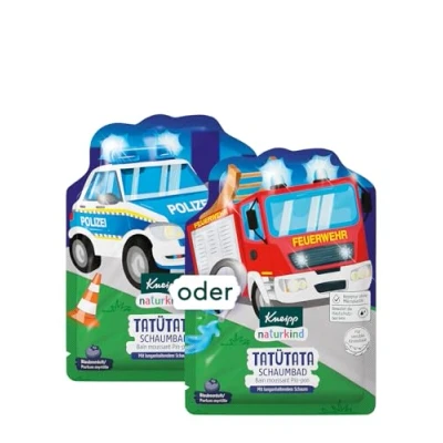 Abbildung von Kneipp Naturkind Schaumbad Tatütata, Badezusatz mit pflegendem Jojoba Öl und natürlichem Blaubeer Extrakt für magischen Badespaß, fruchtiger Blaubeerduft blaues Wasser, ab 3 Jahren, 40 ml