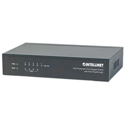 Abbildung von INTELLINET 561082 5 Port Switch Power over Ethernet Gigabit PoE+ Injektor 240V, Passthrough, Adapter mit 200m Reichweite, lüfterfrei &amp; leise Schwarz