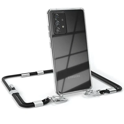 Abbildung von EAZY CASE kombinierbare Handyketten kompatibel mit Samsung Galaxy A52 / A52S, Transparente Silikon Hülle stylischen Umhängeband, Abnehmbarer Karabiner, Umhängetasche, Schwarz Clips Silber