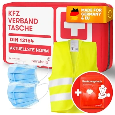 Abbildung von PURAHELP KFZ Verbandstasche DIN 13164 + Warnweste Auto Inkl. Beatmungstuch Erste Hilfe Set Verbandskasten 2025