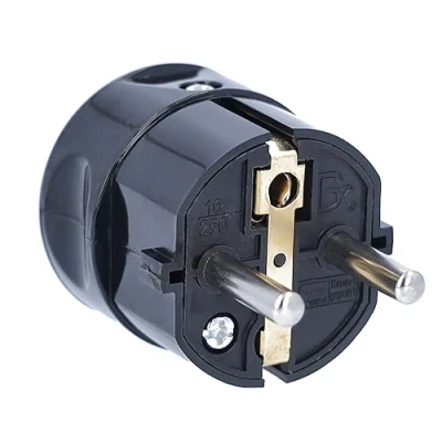 Abbildung von as Schwabe Zentralstecker Schutzkontaktstecker mit doppeltem Schutzkontakt Anschluss Leitungen bis max. 1,5mm² 230V 16A IP20 Schwarz 45032