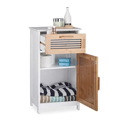 Abbildung von Relaxdays, HBT: 70x40x28,5cm, weiß Badschrank Schmal, Schublade, natürliche Optik, Höhenverstellbarer Einlegeboden, MDF, 70 x 40 28,5 cm