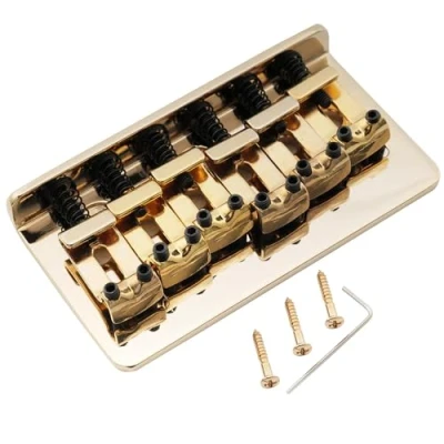 Abbildung von Musiclily Pro 54mm Stahl Hardtail Steg Fester Bridge Vintage Gebogen Saitenreiter für Import Strat Tele Style E Gitarre, Gold
