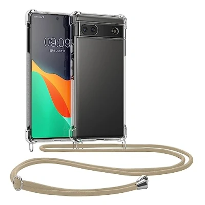 Abbildung von kwmobile Necklace Case kompatibel mit Google Pixel 6a Hülle Silikon Cover Handykette Band Handyhülle Gold Transparent