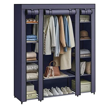 Abbildung von SONGMICS Kleiderschrank, Stoffschrank, mit Überzug aus Vliesstoff, Faltschrank Kleiderstange, 45 x 150 175 cm, 12 Ablagen, Metallrahmen, Schrank fürs Schlafzimmer, Marineblau LSF003I02