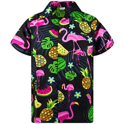 Abbildung von King Kameha Funky Hawaii Hemd, Herren, Kurzarm, Flamingo Melon, Schwarz, 4XL