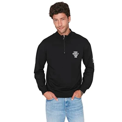 Abbildung von Trendyol Herren Stehkragen mit Spruch Relaxed Sweatshirt, Schwarz, XS