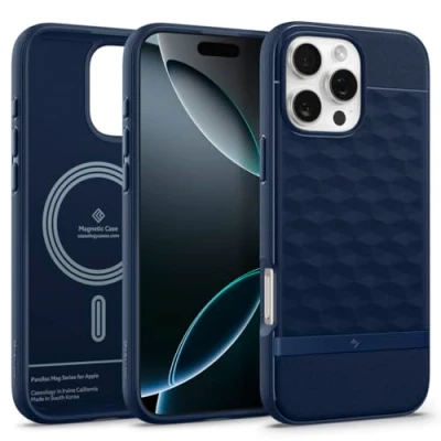Abbildung von Caseology Parallax Mag für iPhone 16 Pro Hülle [Ergonomischer 3D Hexa Cube] Magnetische Schutzhülle mit Fallschutz in Militärqualität Midnight Blue