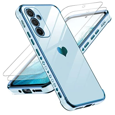 Abbildung von LeYi Hülle für Samsung Galaxy A54 5G Handyhülle mit 2 Stück Panzerfolie, Cute Herz Muster TPU Silikon Galvanik Schutzhülle Cover Case Mädchen, Kameraschutz und Bildschirmschutz, Blau