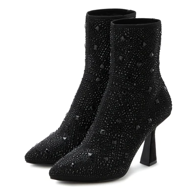 Abbildung von LASCANA High Heel Stiefelette, Schlupf Stiefel, Ankle Boots, elastisches Material, Schmucksteinchen