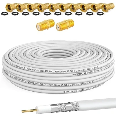 Abbildung von 130dB 20m Koaxial SAT Kabel HQ 135 PRO 4 Fach geschirmt für DVB S / S2 C UND T BK Anlagen + 10x vergoldete F Stecker 2X Verbinder Gratis dazu