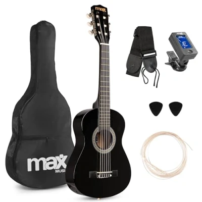 Abbildung von MAX SoloArt 1/4 Gitarre Kinder ab 3 Jahre Akustik inkl. Tasche, Plektrum, Gurt und Saiten Zubehör, Kindergitarre Jahre, Guitar in Natur Holz