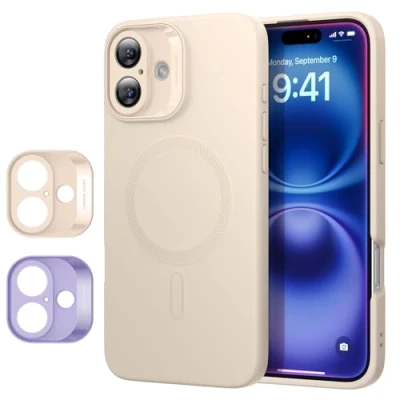 Abbildung von ESR für iPhone 16 Hülle mit MagSafe, unterstützt magnetisches Laden, Glatte dünne Silikonhülle, stoßfest, vollständiger Display Kameraschutz, weiches Mikrofaserfutter, Beige