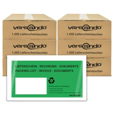 Abbildung von versando 6000 ökologische Lieferscheintaschen DIN lang selbstklebend 100% Pergamin Papier folienfrei grün/schwarz bedruckt: &quot;Lieferschein/Rechnung&quot;