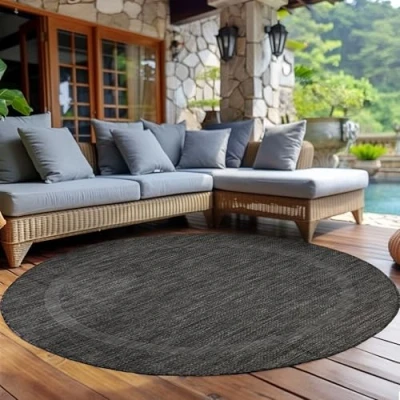 Abbildung von Carpettex Outdoor Teppich Wetterfest 200 cm Rund Sisal Optik Schwarz Ideal für Balkon, Garten, Terrasse und als Küchenteppich Draußen Waschbar, Flachgewebe, Wasserfest, Pflegeleicht