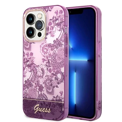 Abbildung von Guess Handyhülle für iPhone 14 Pro Max in Fuchsia IML Blumenmuster, Anti Kratzer PC/TPU, bequemes und langlebiges Hardcase mit Zugänglichen Anschlüssen, Stoßdämpfung &amp; Signatur Logo