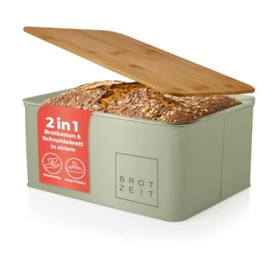 Abbildung von Lumaland Brotkasten Cuisine, Edelstahl, (1 tlg), Brotbox Metall Bambus Deckel rechteckig 30x23x14cm