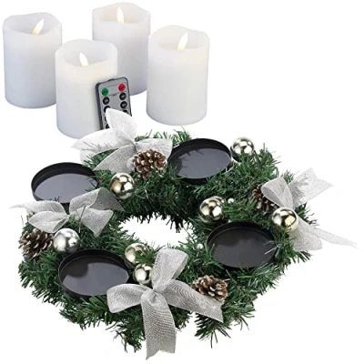 Abbildung von Britesta Weihnachtskranz Deko: Adventskranz mit silberfarbenem Schmuck, inkl. LED Kerzen in weiß (Weihnachtsschmuck Tischkranz, klassisch, Weihnachten)