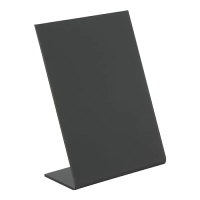 Abbildung von Securit Vertikale Tischkreidetafeln in L Form, 5er Set DIN A7 Format, mit matter Vorder und glänzender Rückseite, stapelbar, robust, aus Acryl, schwarz