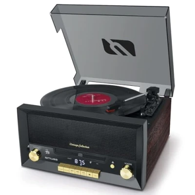 Abbildung von Muse Plattenspieler, Bluetooth Schallplattenspieler mit integrierten Stereo Lautsprechern, Vintage, 3 Geschwindigkeiten Radio USB Aux in LED Anzeige/Schwarz Gold