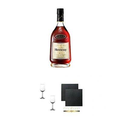 Abbildung von Hennessy VSOP Cognac Frankreich 0,7 Liter + Nosing Gläser Kelchglas Bugatti mit Eichstrich 2cl und 4cl 2 Stück Schiefer Glasuntersetzer eckig ca. 9,5 cm Ø