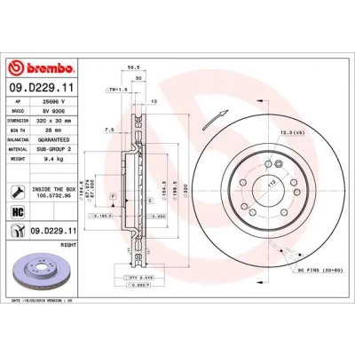 Abbildung von BREMBO 09.D229.11 Bremsscheibe 320 30 5 innenbelüftet beschichtet hochgekohlt mit Schrauben MERCEDES BENZ: E Klasse Limousine, W124 Limousine
