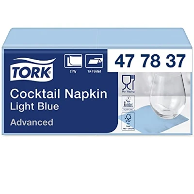 Abbildung von Tork 477837 Cocktailservietten Hellblau / Cocktail Serviette in Advanced Qualität mit 1/4 Falz 12 x 200 (2400) Servietten 23,8 24 cm (B L)
