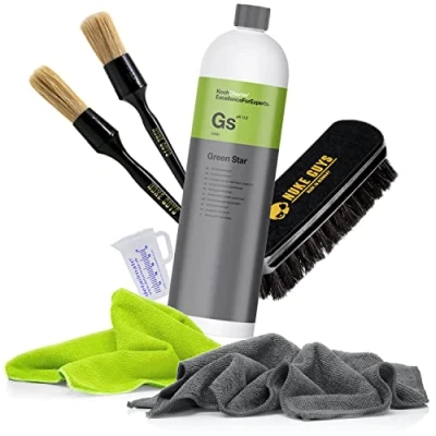 Abbildung von detailmate Allzweckreiniger Set: Koch Chemie Green Star Universalreiniger 1L + Nuke Guys Reinigungspinsel Small &amp; Large Textilbürste 2X Premium Mikrofasertuch 320GSM Messbecher
