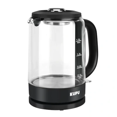 Abbildung von KUPU Wasserkocher Glas,1.5 Liter, 2200 Watt schnelles Aufheizen, 2200,00 W, BPA frei, Auto Off, Kettle mit Edelstahl, 360 Basis, Kalkfilter