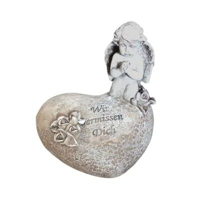 Abbildung von BURI Gartenfigur Gedenkstein Engel auf Herz Grabschmuck Spruchstein Grabdeko Dekoherz G