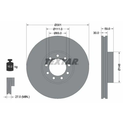 Abbildung von TEXTAR PRO 93177603 Bremsscheibe 301 30 09/09 111 innenbelüftet beschichtet ohne Radbefestigungsbolzen, Radnabe IVECO: Daily 6 Kastenwagen