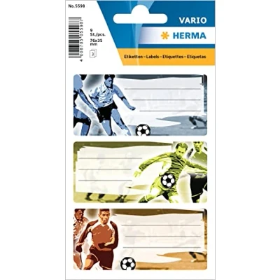 Abbildung von HERMA 5598 Buchetiketten zum Beschriften Fußball, 9 Stück, 76 x 35 mm, selbstklebend, liniert, Buchaufkleber für Schule Kinder Mädchen Jungen, mehrfarbige Heftetiketten Aufkleber, bunt