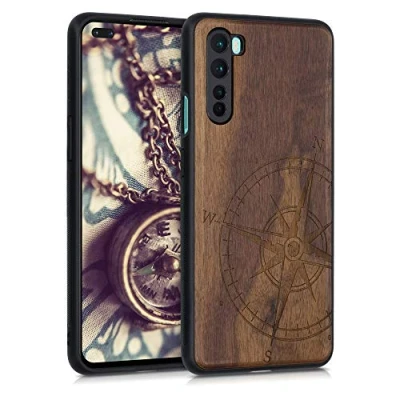 Abbildung von kwmobile Hülle kompatibel mit OnePlus Nord Holz Case Handy Cover TPU Handyhülle in Dunkelbraun Kompass Vintage