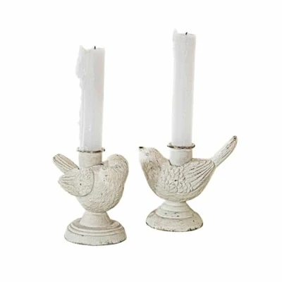 Abbildung von Loberon Kerzenständer 2er Set Finna, süßes Vogel Design, liebevoll handbemalt, mit attraktivem Antik Finish, Kerzenhalter, Ostern, Osterdekoration, Polyresin, Eisen, antikweiß