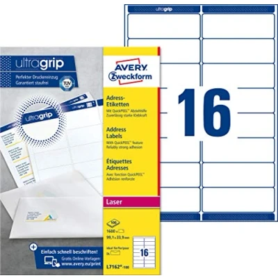 Abbildung von AVERY Zweckform L7162 100 Adressetiketten/Adressaufkleber (1.600 Etiketten mit ultragrip, 99,1x33,9mm auf A4, bedruckbar, selbstklebend, für DIN lang Briefkuverts, Papier matt) Blatt, weiß