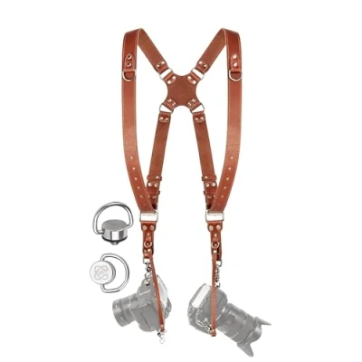 Abbildung von C Coiro Kameragurt für 2 Kameras mit doppeltem Tragegurt aus Leder und verstellbarem Schultergurt Ledergurt DSLR/SLR Camera Dual Shoulder Strap, Standard/Tan