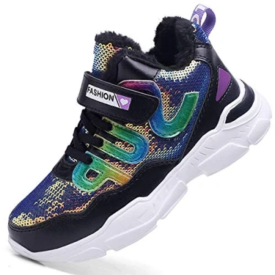 Abbildung von HSNA Mädchen Turnschuhe Sparkle Scales Sneaker Kinderschuhe mit Warm Gefüttert Winterschuhe(a01 1 Schwarz 34 EU)