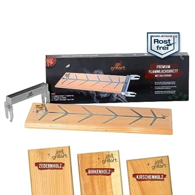 Abbildung von grillart® Premium Flammlachsbrett mit Halterung (Birkenholz) aus Edelstahl für herrlichen Flammlachs auch ideal Flammbauch Feuerschale sowie Grill und Lagerfeuer optimal geeignet