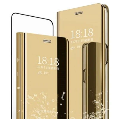 Abbildung von MLOTECH Schutzhülle für Huawei P30 Lite, + Hartglas, Flip Clear View transparent, Spiegel, Standing 360 , stoßfest, Smart Cover, Bumper Gold