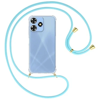 Abbildung von mtb more energy® Handykette kompatibel mit ZTE Blade A73 4G Himmelblau/Goldfarbene Ösen Smartphone Hülle zum Umhängen Anti Shock Full TPU Case