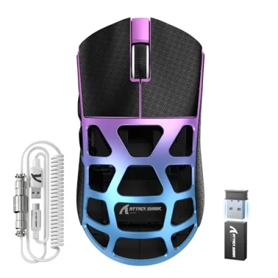 Abbildung von ATTACK SHARK R3PRO 46g Superlight Magnesiumlegierung Maus, 8000Hz Kabellose Abfragerate, 26000 DPI, 2,4G/BT/Kabelgebundene Gaming Mouse, PixArt PAW3395 Sensor G502, mit Spiralkabel, PC/Mac, Lila