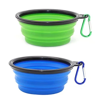 Abbildung von zusammenklappbarer Hundenapf, Wassernapf für Hunde und Katzen, tragbarer Futternapf Haustiere, Bewässerungsschale, Hundenapf mit Karabiner (klein (350 ml) blau + grün)