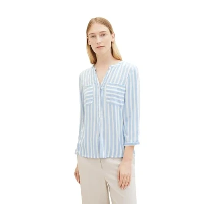 Abbildung von TOM TAILOR Damen Bluse mit Streifen &amp; Brusttaschen, 35221 Offwhite Blue Vertical Stripe, 32
