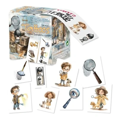 Abbildung von Lutz Mauder hautfreundliche Kinder Tattoo Meter Box mit 24 Tattoos, Kindertattoos Made in Germany, wiederablösbare Hauttattoos tollen TapirElla Detektiv Motiven, selbstverständlich ungiftig