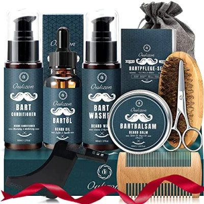 Abbildung von Bartpflege Set für Männer, Oukzon 10 in 1 Hochwertig Bart Geschenk Ihn 60ML Bartshampoo, Conditioner, Bartöl, Bartbalsam, Bartkamm, Bartbürste, Bartschere, Bartschablonen, Reisetasche
