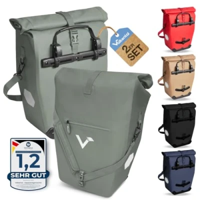 Abbildung von Valkental 2in1 Fahrradtasche aus klimafreundlichem TPU 2er Set 100% Wasserdicht Viele praktische Fächer 23 28L Flexibles Volumen mit Laptopfach Gepäckträgertasche Grün