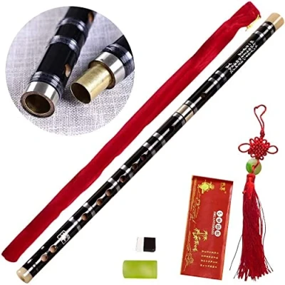 Abbildung von Tyuodna China Bambusflöte SteckbareTaste F Traditionelle chinesische Musikinstrumente Dizi Bitter Bambusmit Membran und Schutz Set (Schwarz)