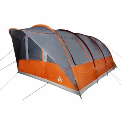 Abbildung von vidaXL Tunnel Familienzelt 7 Personen, Campingzelt mit Netzwände, Wasserdicht Tunnelzelt E Anschluss, Gruppenzelt, Grau Orange 185T Polyester